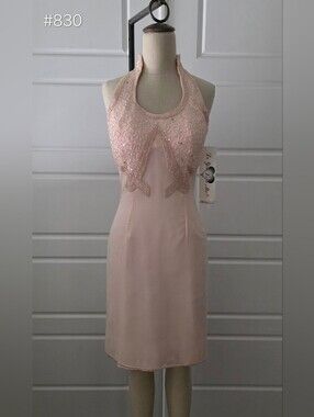 Pink Beaded Silk Sleeveless Halter Mini Formal Dress